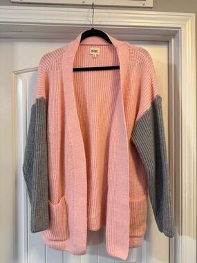 BiBi Pink & Gray Open-Front Ribbed Cardigan